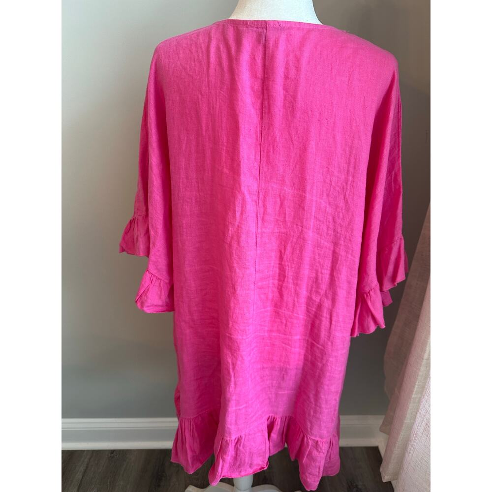 Piazza Del Tempio 100% Linen Top Tunic Dress Small Hot Pink Ruffle Sleeve Boho - Picture 3 of 11
